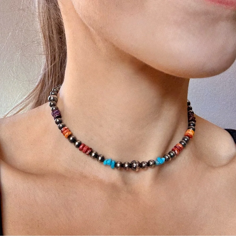 Sterling Silver 14” Graduated Pearls & Multi Stone Necklace - Picture 1 of 3